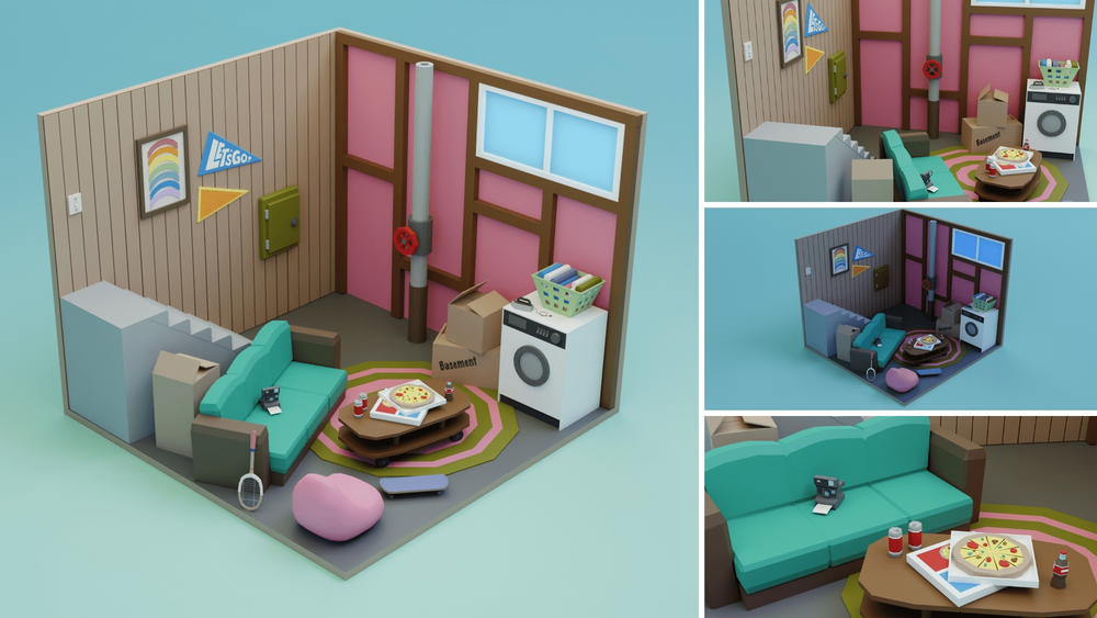 Low Poly Retro Vintage Rooms Interiors 2 