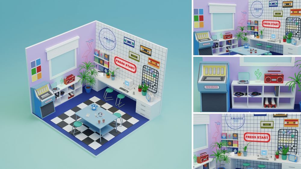 Low Poly Retro Vintage Rooms Interiors 2 