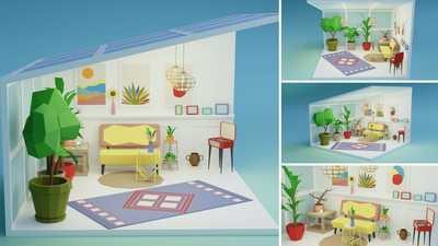 Low Poly Retro Vintage Rooms Interiors 2 