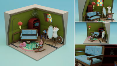 Low Poly Retro Vintage Rooms Interiors 2 