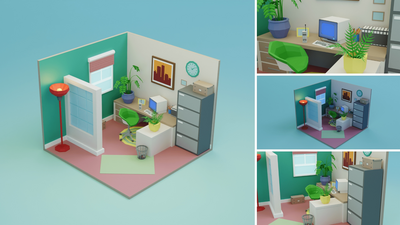 Low Poly Retro Vintage Rooms Interiors 2 