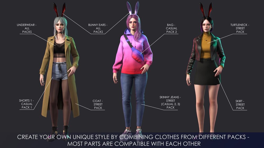 School Wear Girls Pack - Streetwear Modern Realistic Stylized Character 